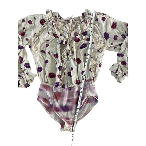 Intimately Free People Poppy Floral Printed Bodysuit Cream Lace Ivory Ruffle S - Picture 4 of 9